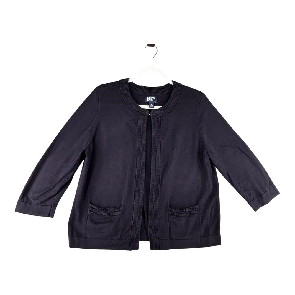 Lands‎ End Open Cardigan Sweater Knit 3/4 Sleeve Navy Blue Womens Size Large